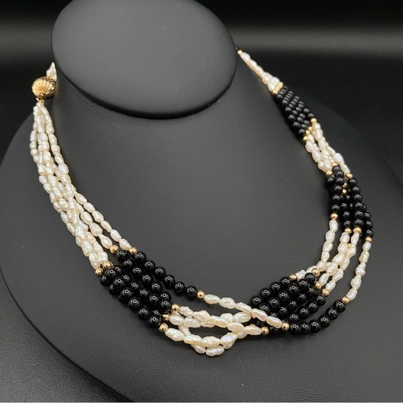 Vintage Ross Simon 14k Rice Pearl Black Onyx Multistrand Necklace - Picture 1 of 8